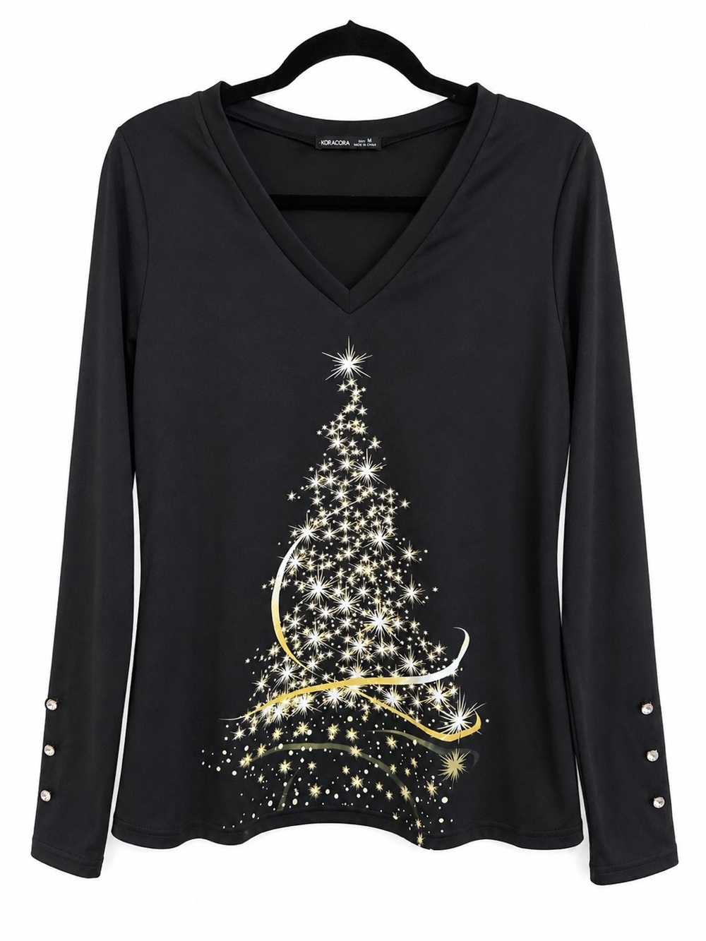 Noracora Christmas Tree Long Sleeve Top Black Sparkle Holiday Tee Size Medium
